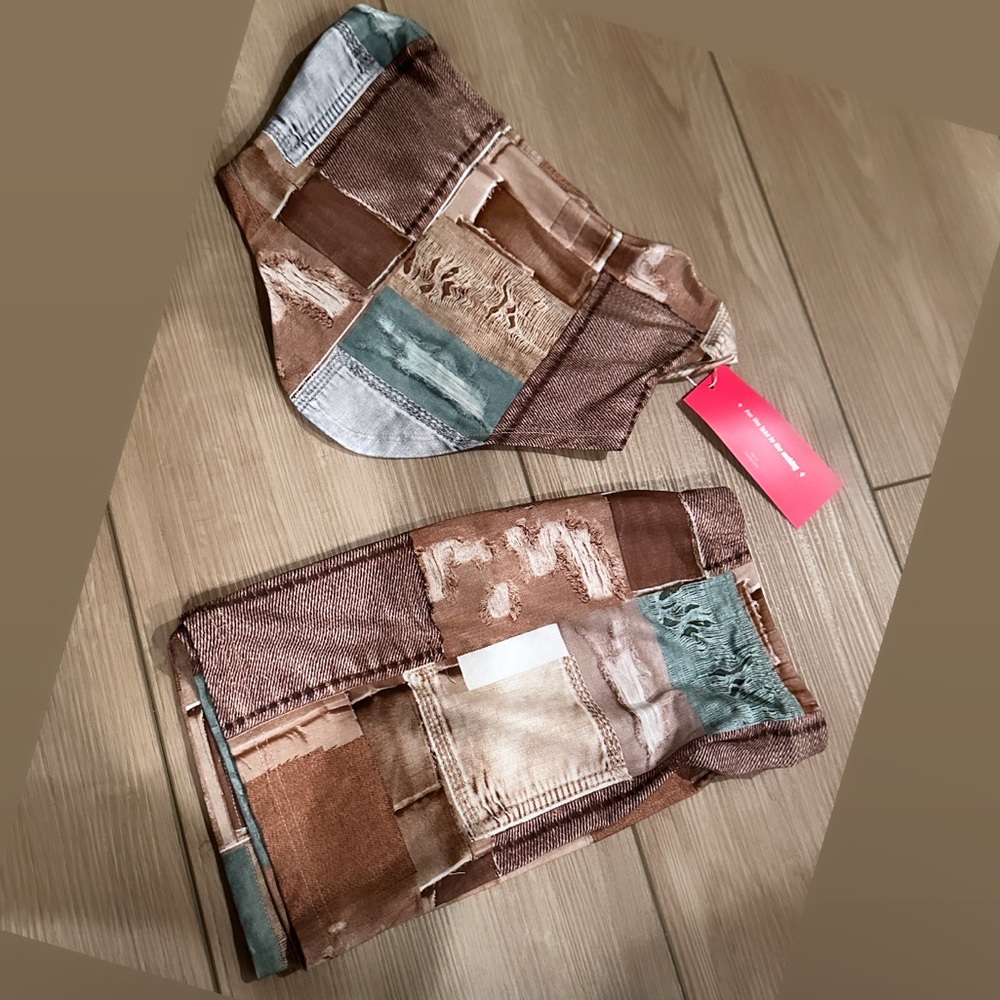 patchwork trendy mini skirt & crop top set XS super cute unique colors new/TAGS